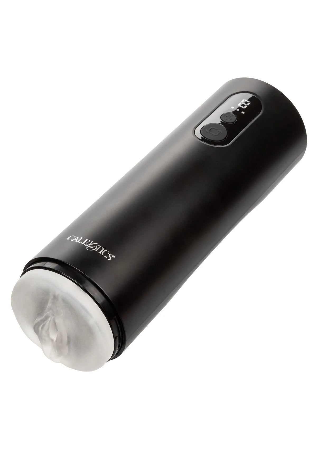 Bionische thrusting-masturbator, zwart, met transparante opening en bedienknoppen