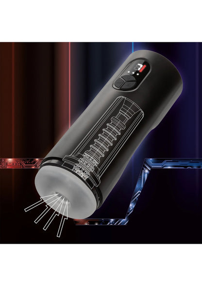 Zwarte CalExotics Bionic masturbator met ribbels op het opzetstuk.