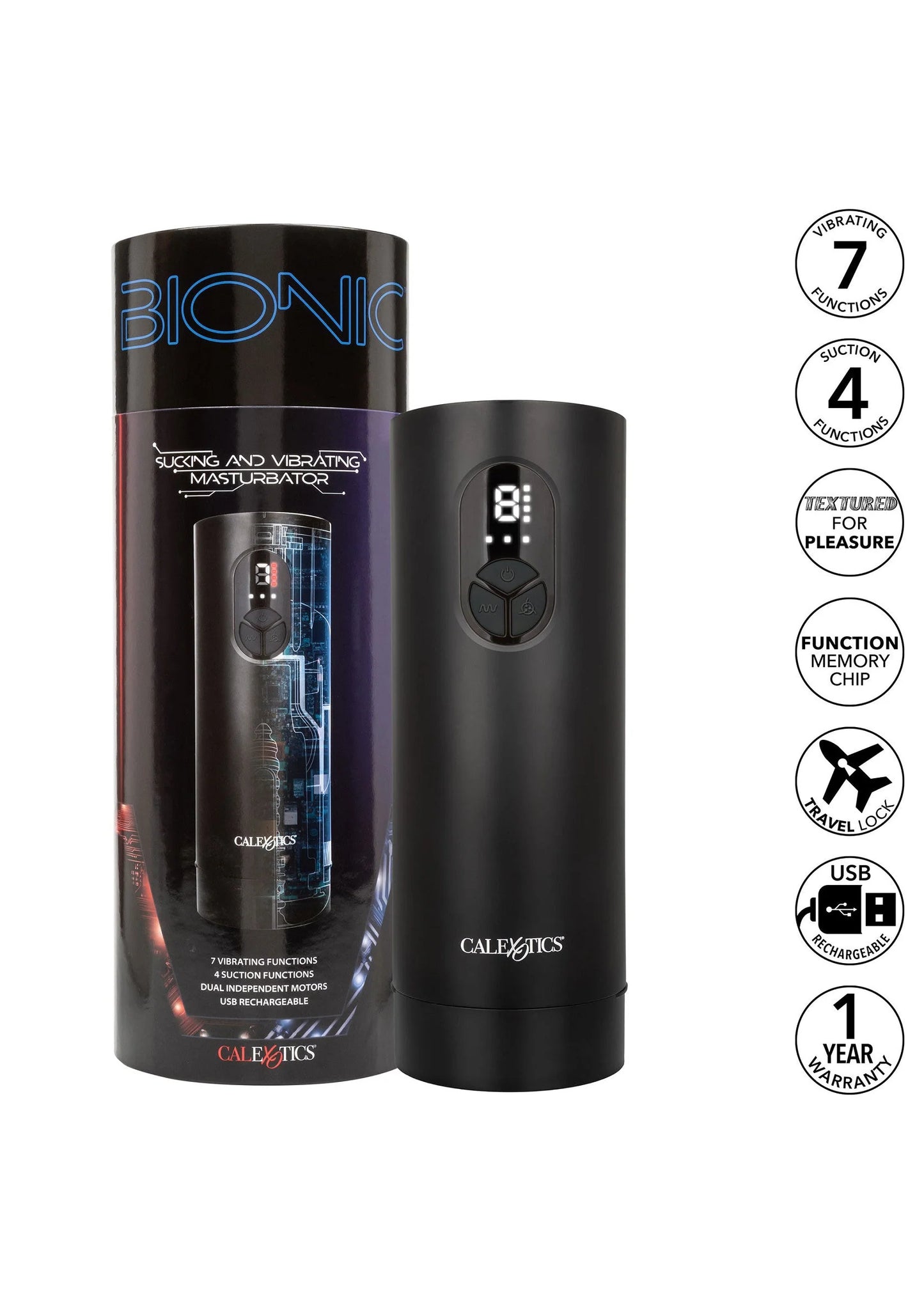 CalExotics Bionic set: zuigende en vibrerende masturbator met bedieningspaneel.