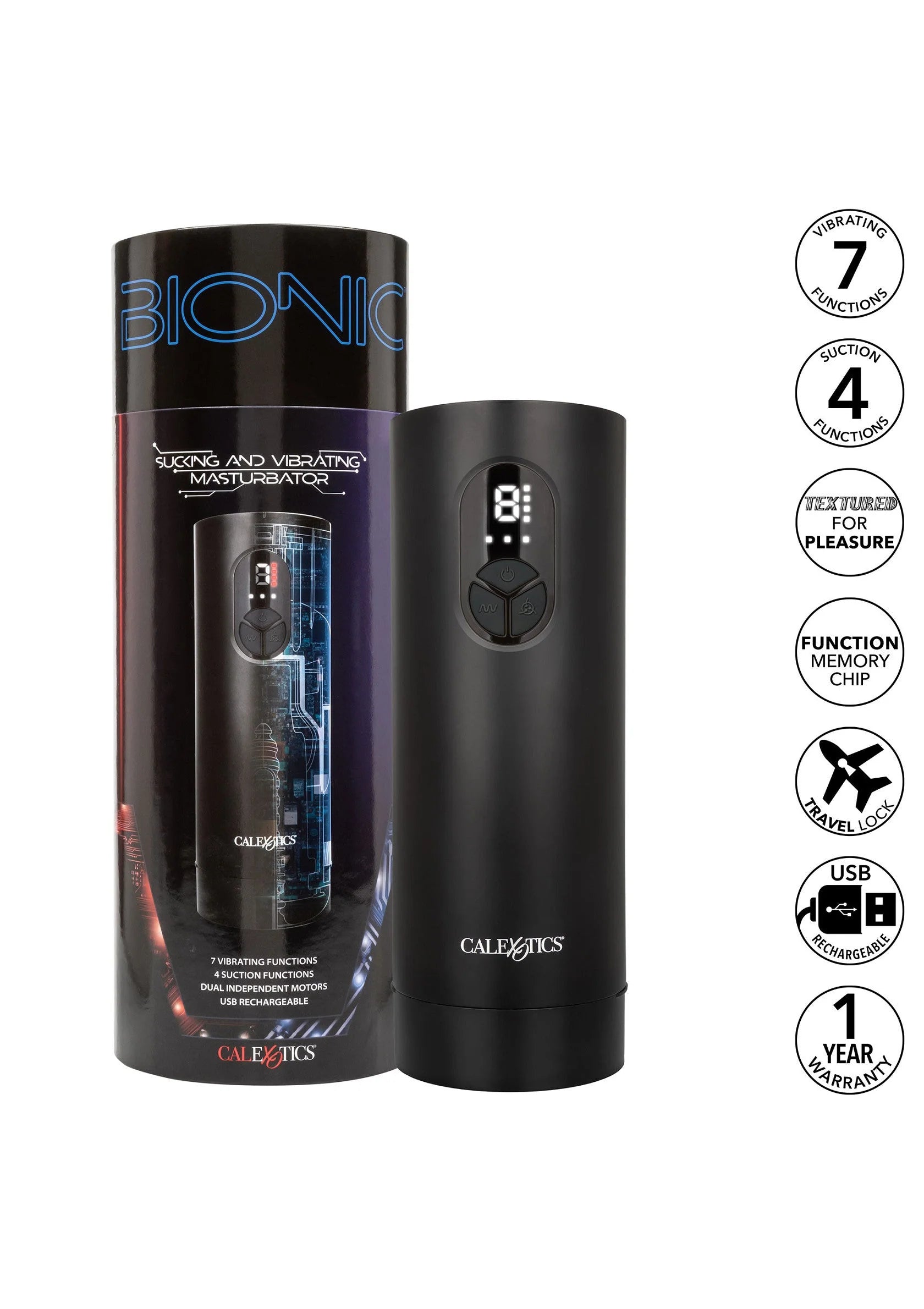 CalExotics Bionic set: zuigende en vibrerende masturbator met bedieningspaneel.