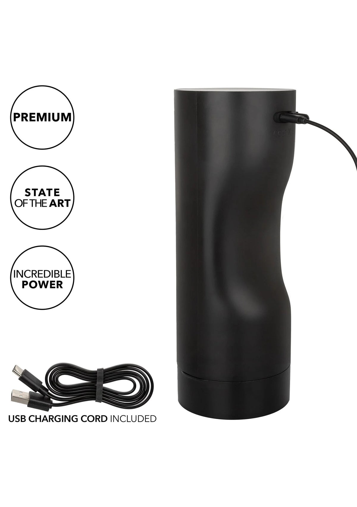 CalExotics zuig- en tril-masturbator, zwarte cilinder, met USB-oplaadsnoer