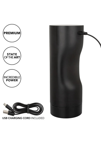 CalExotics zuig- en tril-masturbator, zwarte cilinder, met USB-oplaadsnoer