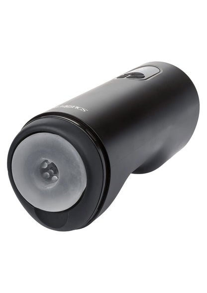 Zwarte Bionic Vibro Stroker met ronde zuigopening en bedienknop