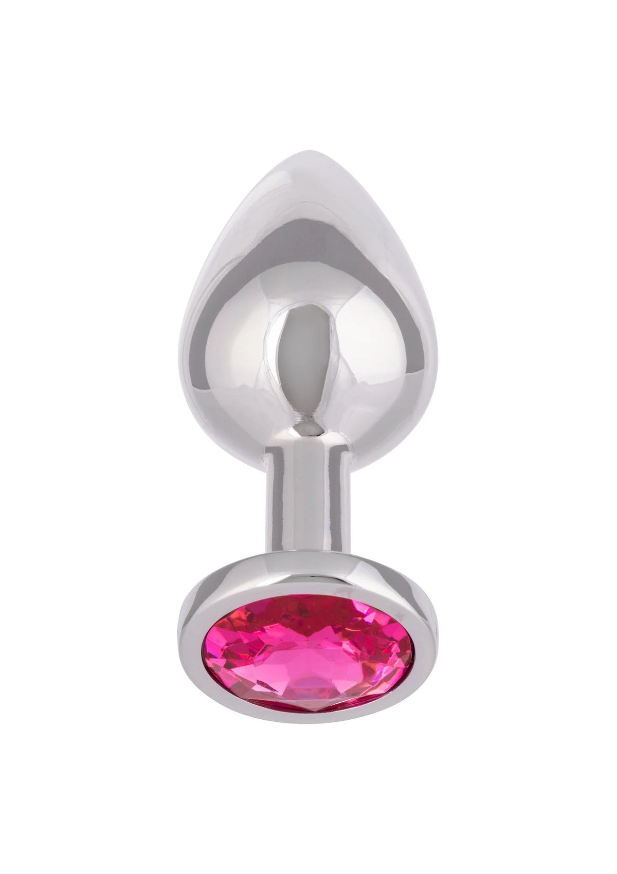 Glanzende metalen anale plug met druppelvormige flens en roze edelsteen, van voren.
