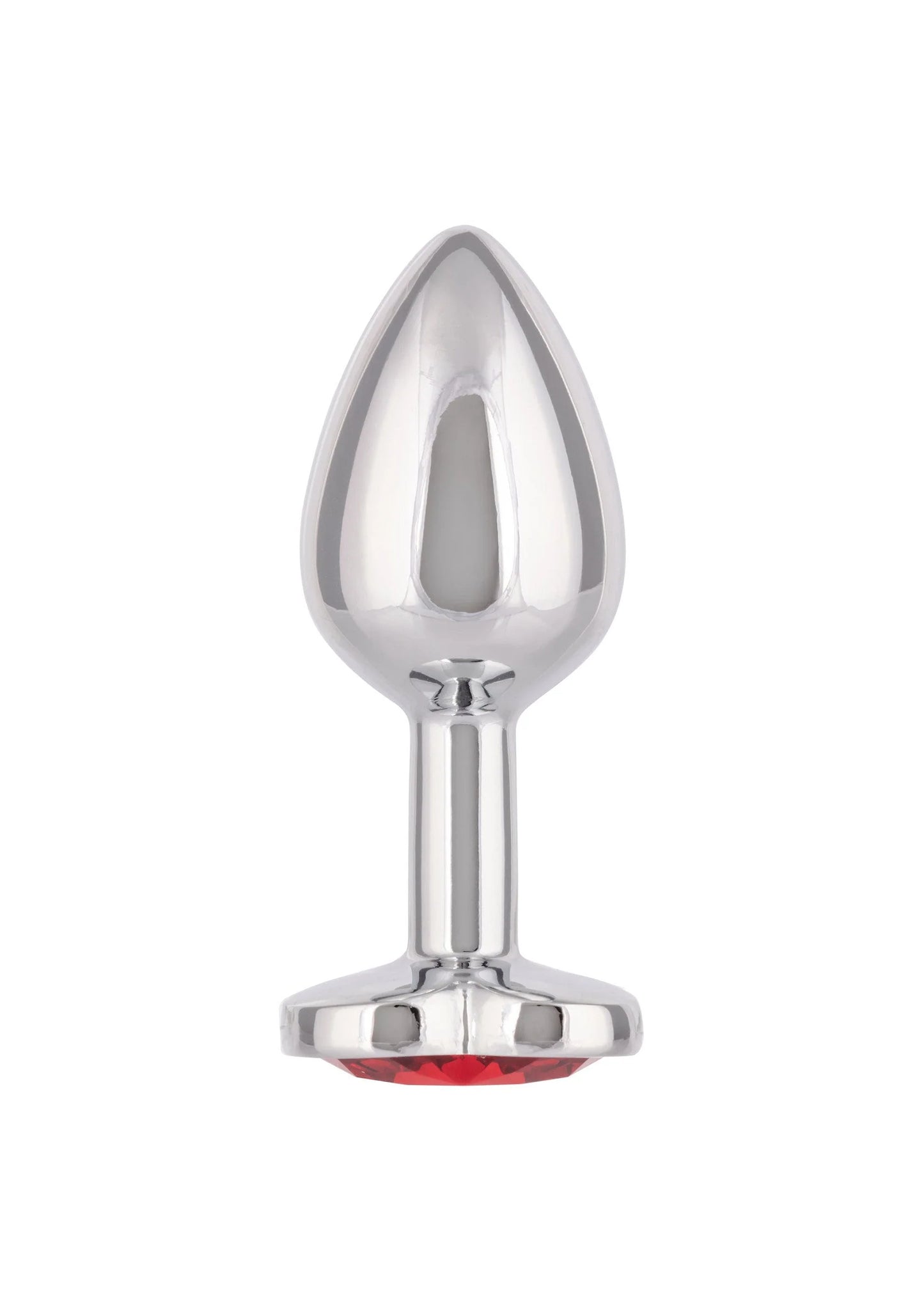 Kleine metalen plug met taps toelopende schacht en robijnrode hartbasis