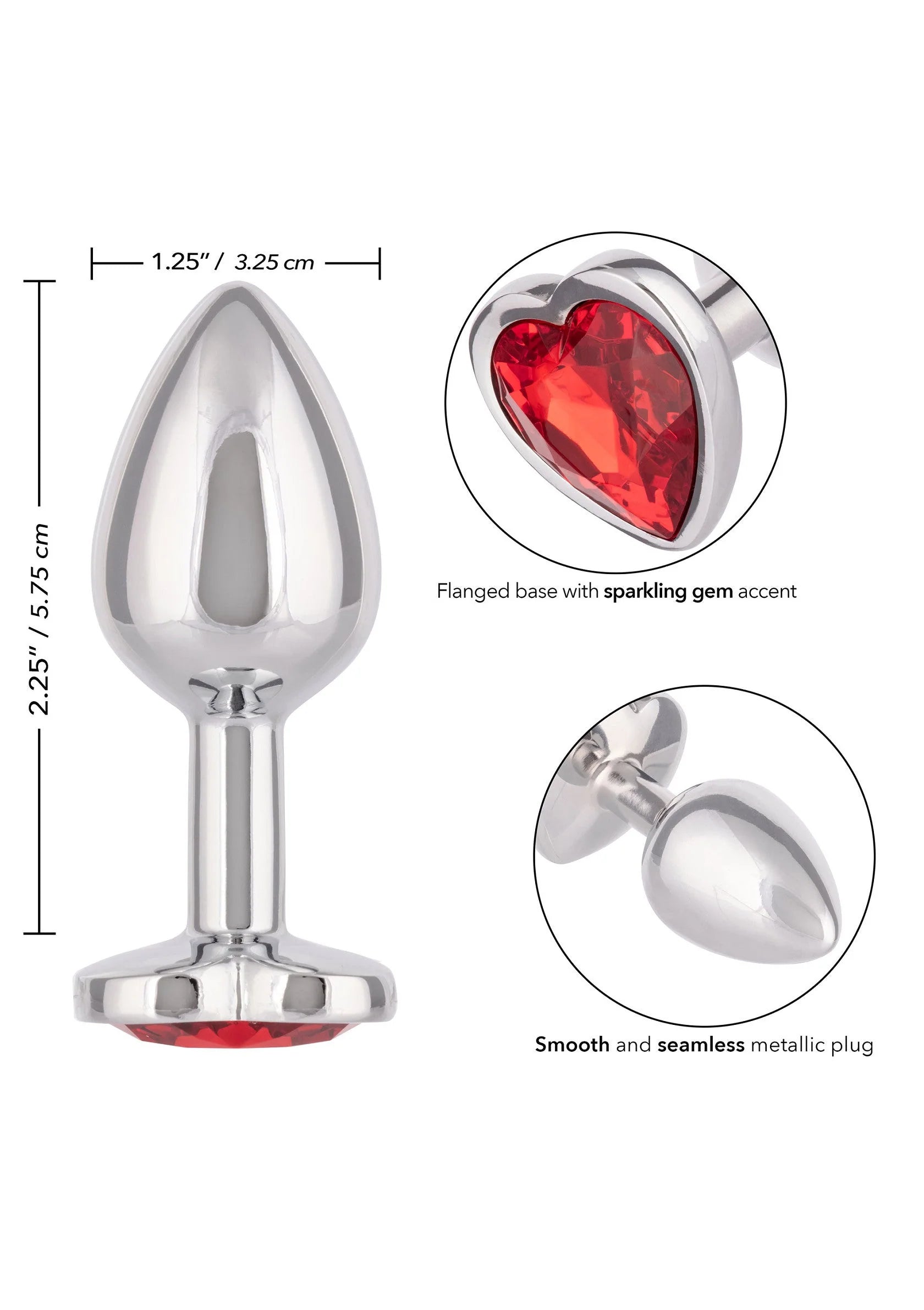 Kleine metalen plug met gladde schacht en robijnrode hartbasis, met maatindicatie