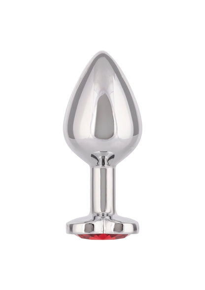 Glanzende anale plug met druppelvormig uiteinde en rode onderrand.