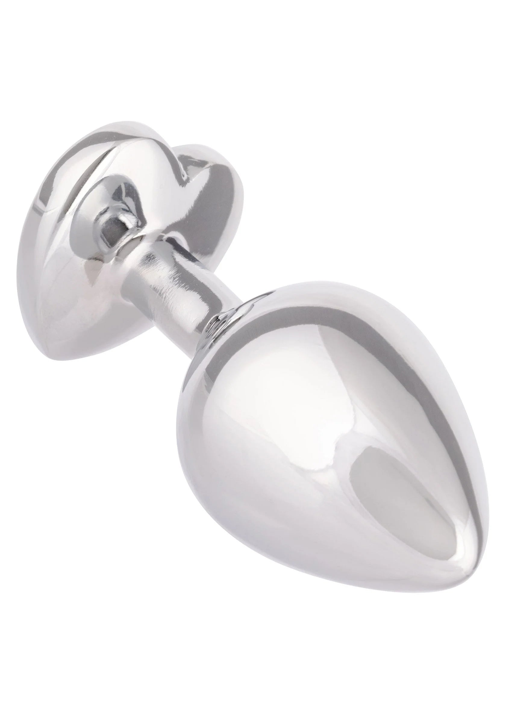Glanzende metalen anale plug met ronde schijfvoet en taps toelopende vorm.