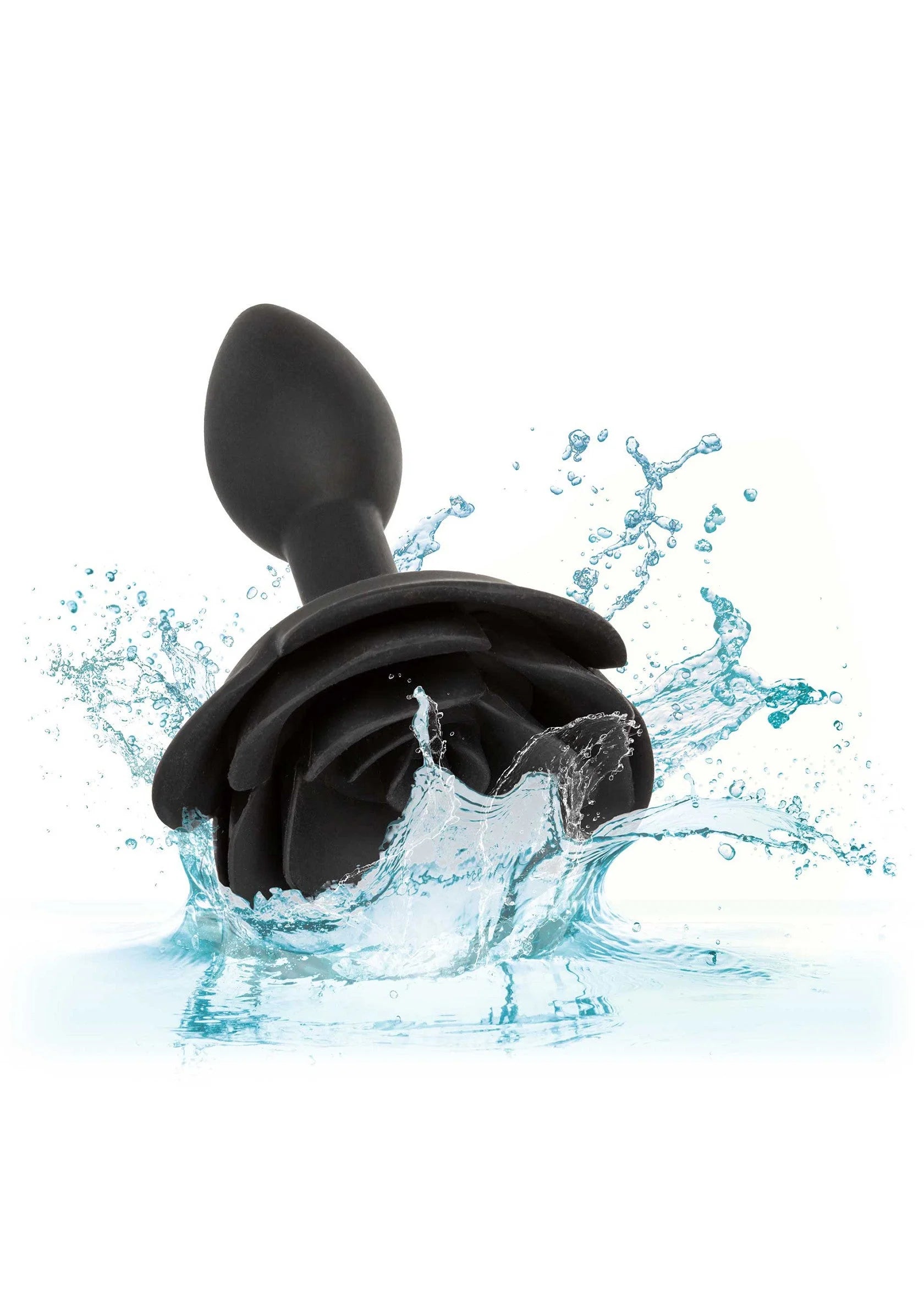 Zwarte siliconen anale plug met rozenmotief, met waternevel