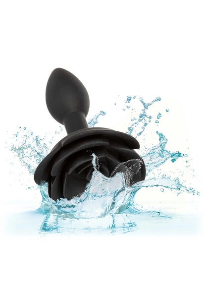 Zwarte siliconen anale plug met rozenmotief, met waternevel