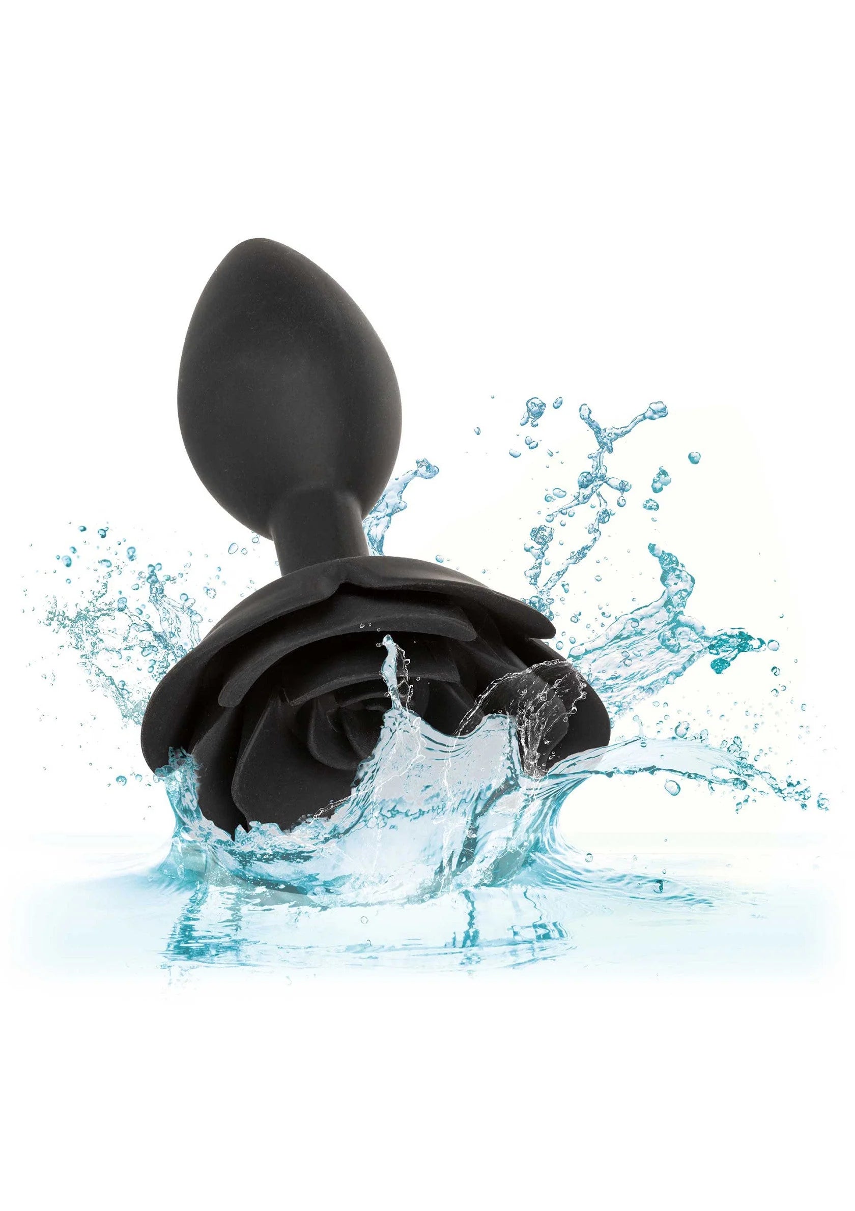 Zwarte analplug met rozenkop; waterdruppels rondom