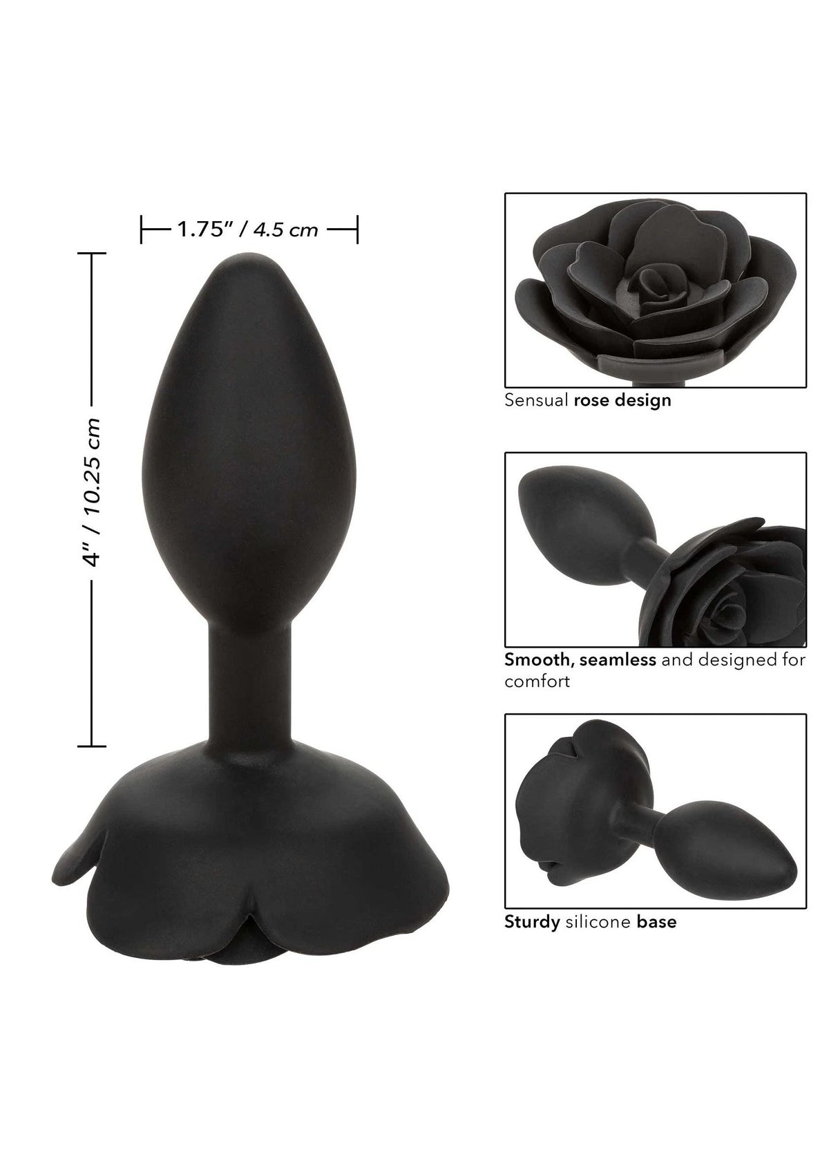 Zwarte grote rozen-analplug met afmetingen; platte siliconen basis