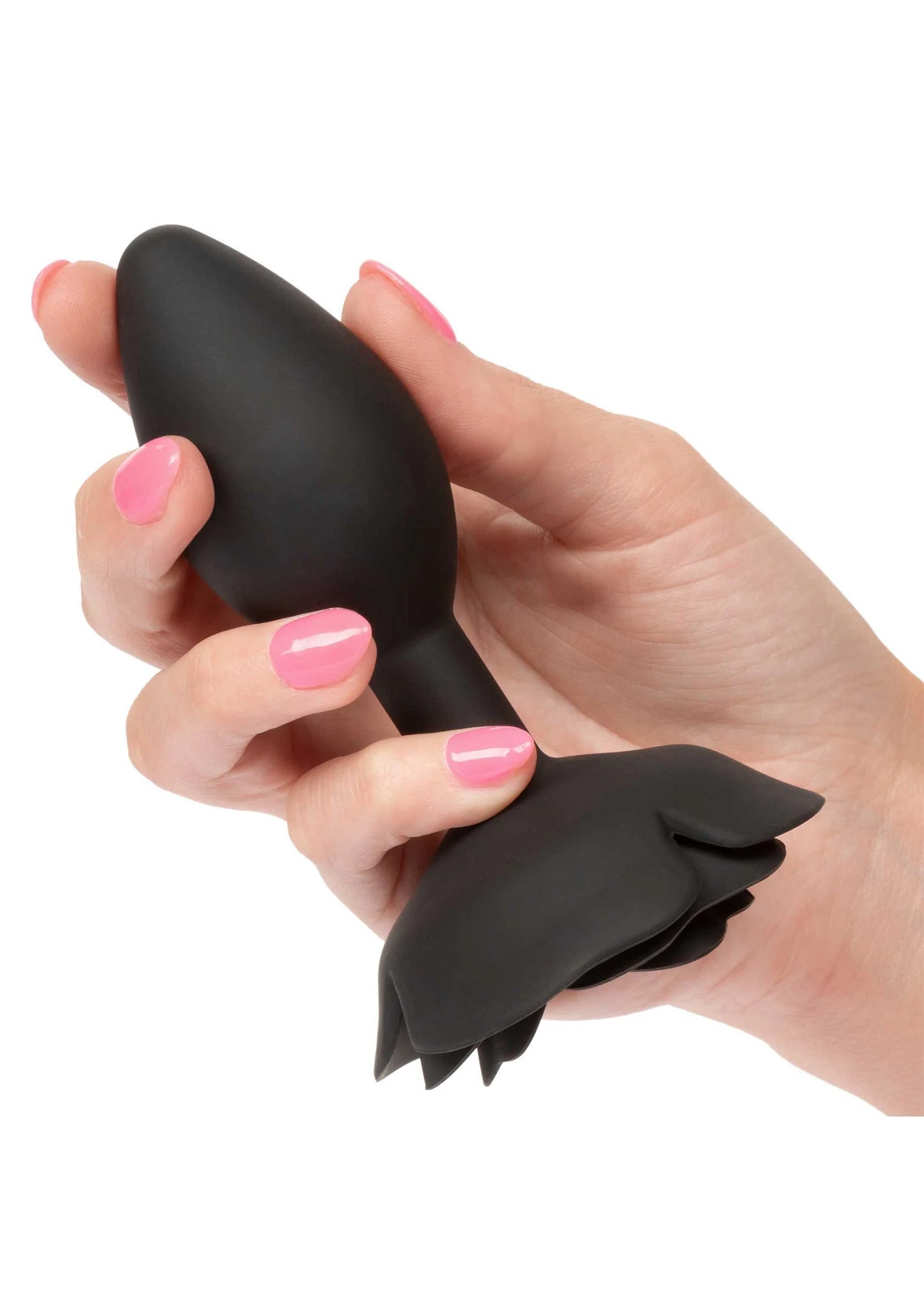 Zwarte analplug met rozenvormige kop in hand