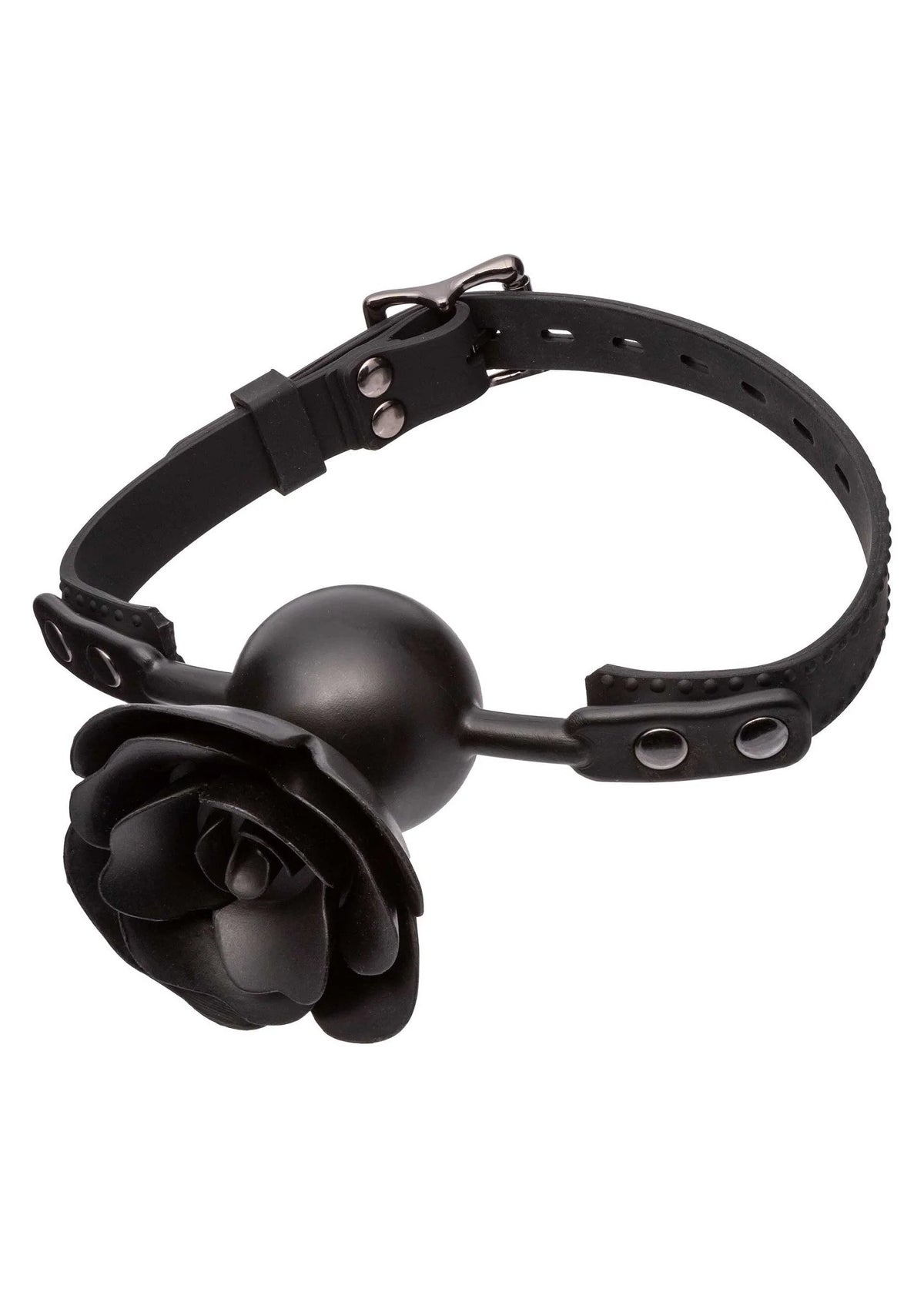 Zwarte bal-gag met riem, metalen oogjes en roosdetail