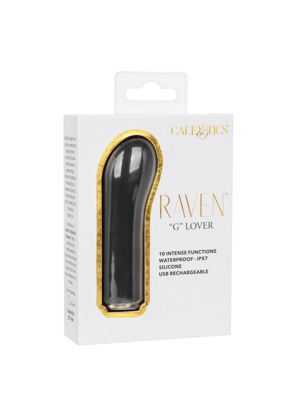 Verpakking van CalExotics Raven 'G' Lover: zwarte siliconen vibrator in doos