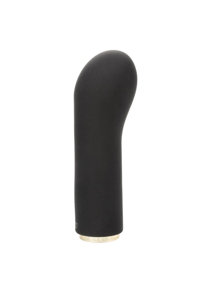 Zwarte rechte siliconen vibrator met afgeronde bovenkant en metalen onderring