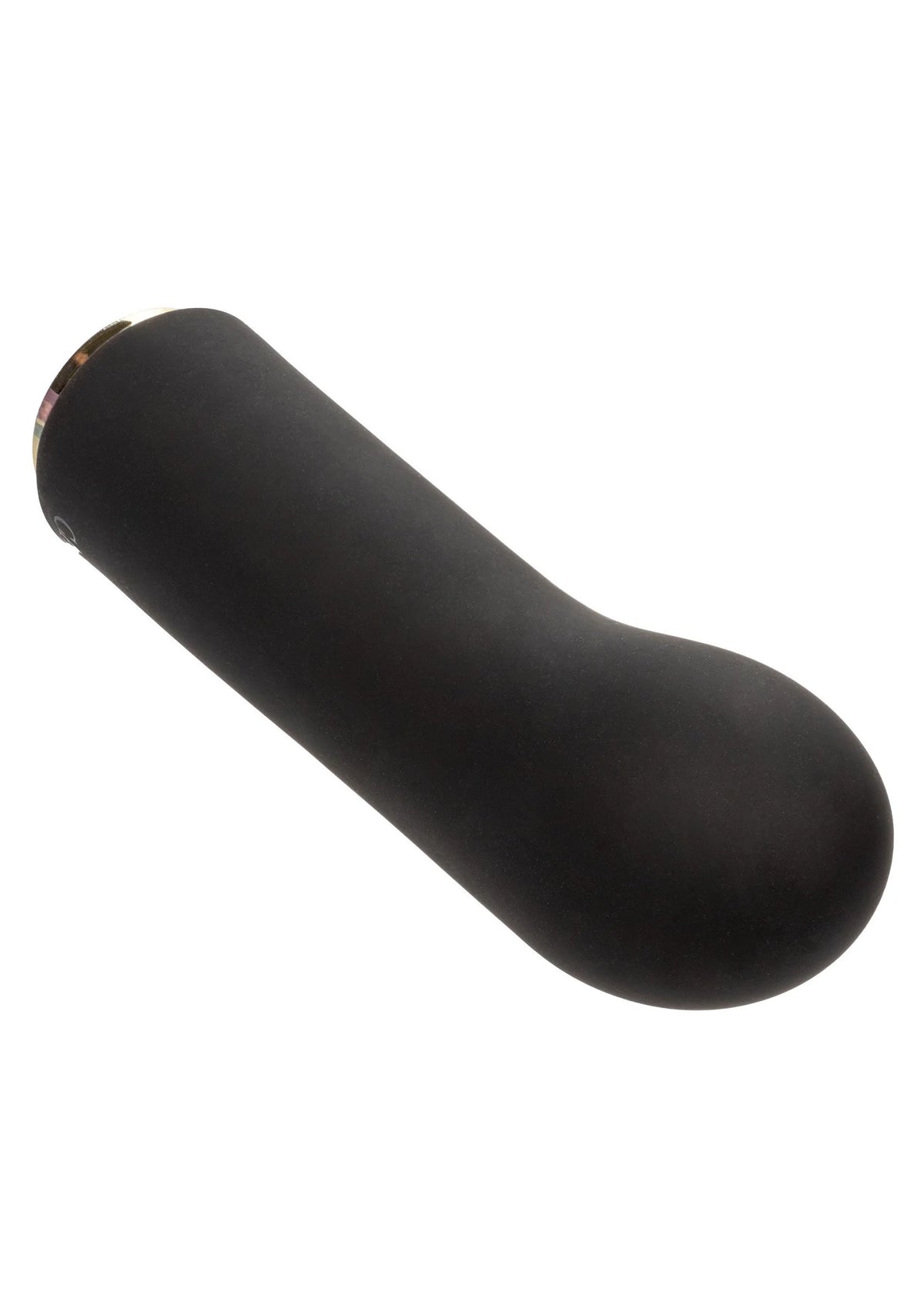 Zwarte gebogen siliconen vibrator met slank profiel en gouden randaansluiting