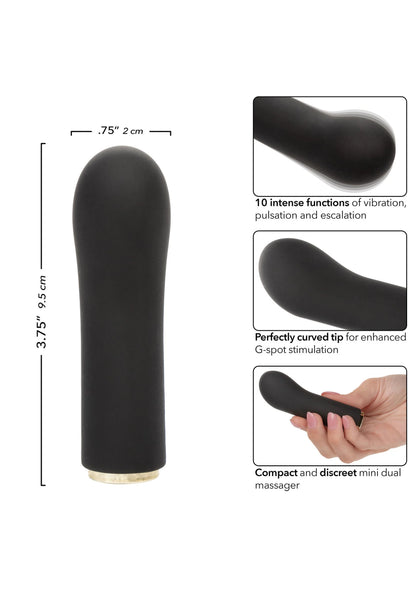 Zwarte mini siliconen vibrator met afmetingen en detailillustraties