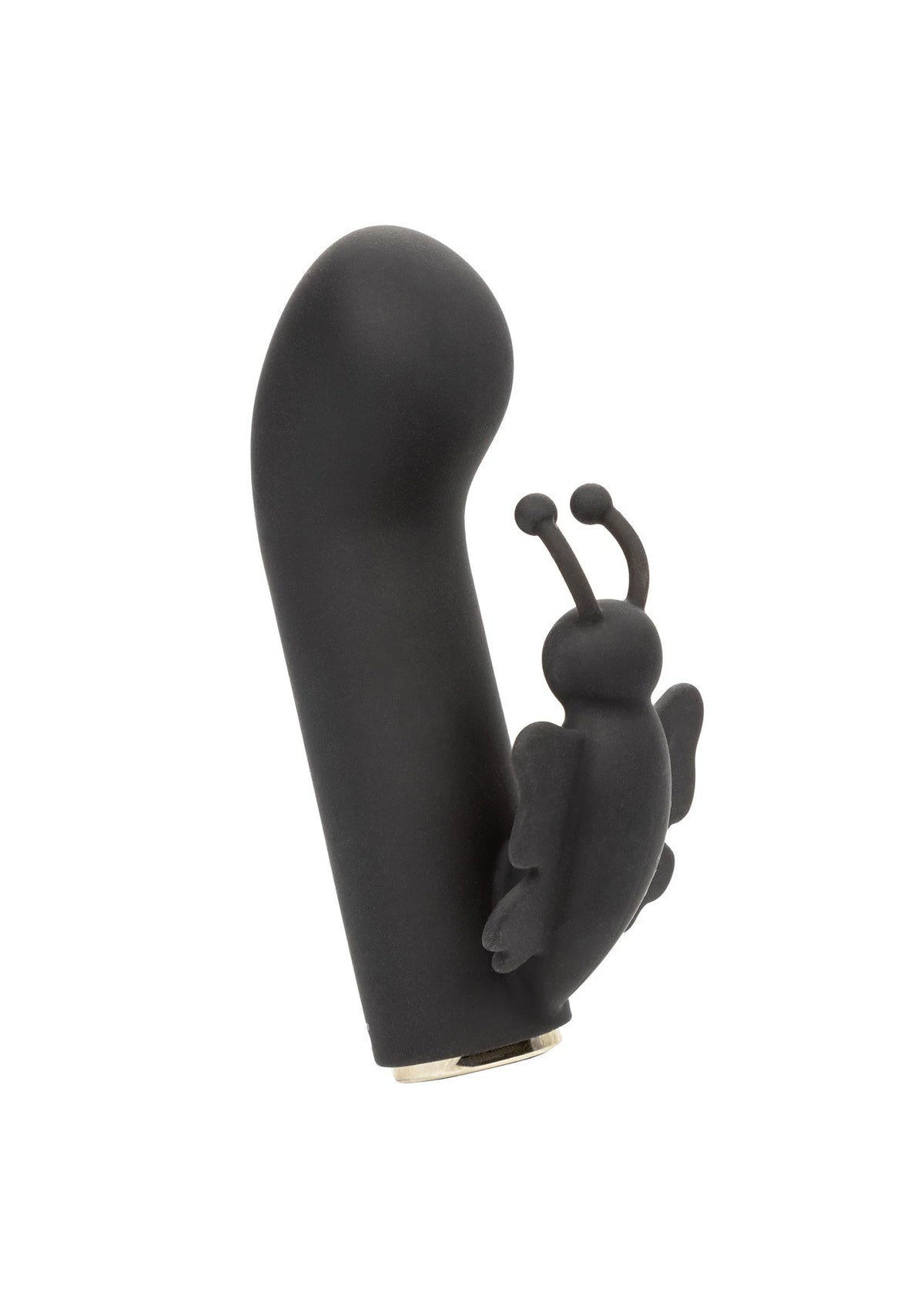 Zwarte dual-action vlinder-vibrator met gebogen vorm en kleine opzetstukken