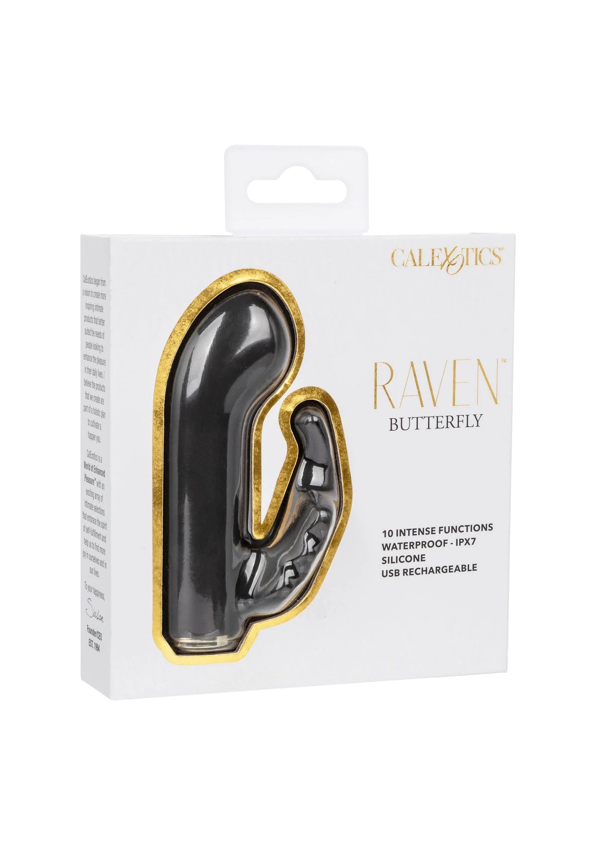 Verpakkingsdoos van CalExotics met Raven Butterfly vibrator en illustratie