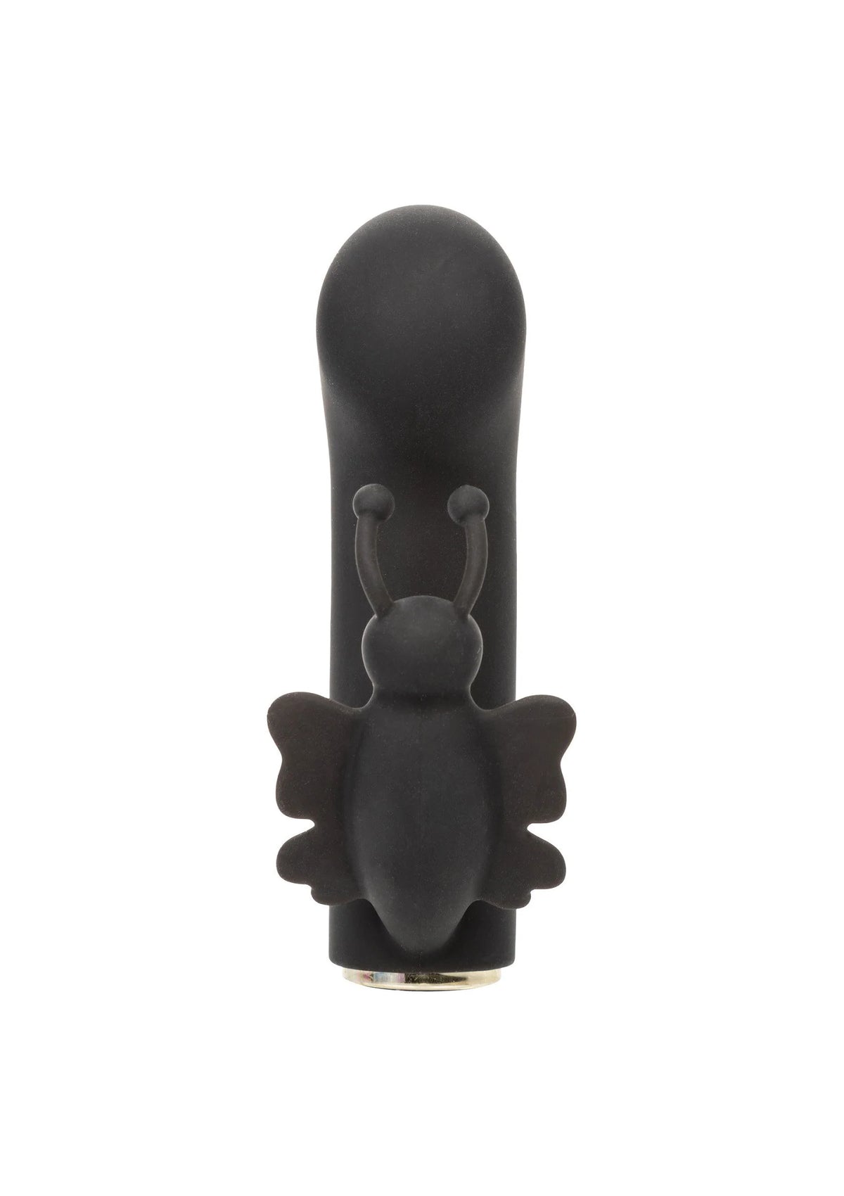 Staande foto van zwarte vlinder-vibrator met ronde kop en vleugelvormige details