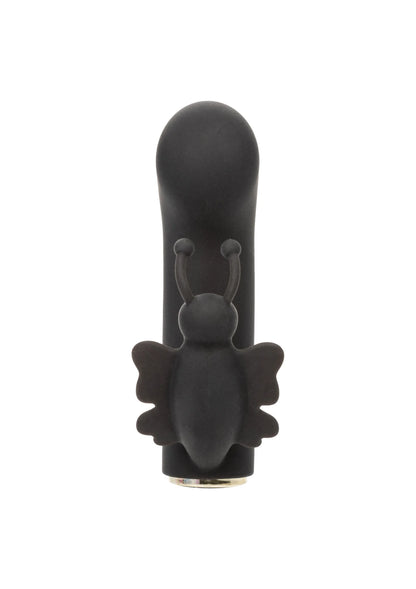 Staande foto van zwarte vlinder-vibrator met ronde kop en vleugelvormige details