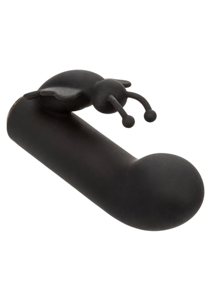 Zwarte dual-action vlinder-vibrator in zijaanzicht met opzetstukken aan de top