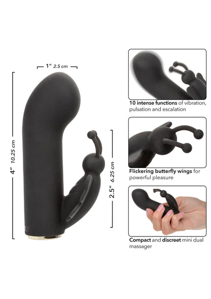 Zwarte vlinder-vibrator met afmetingen en opzetdetails op de productkaart