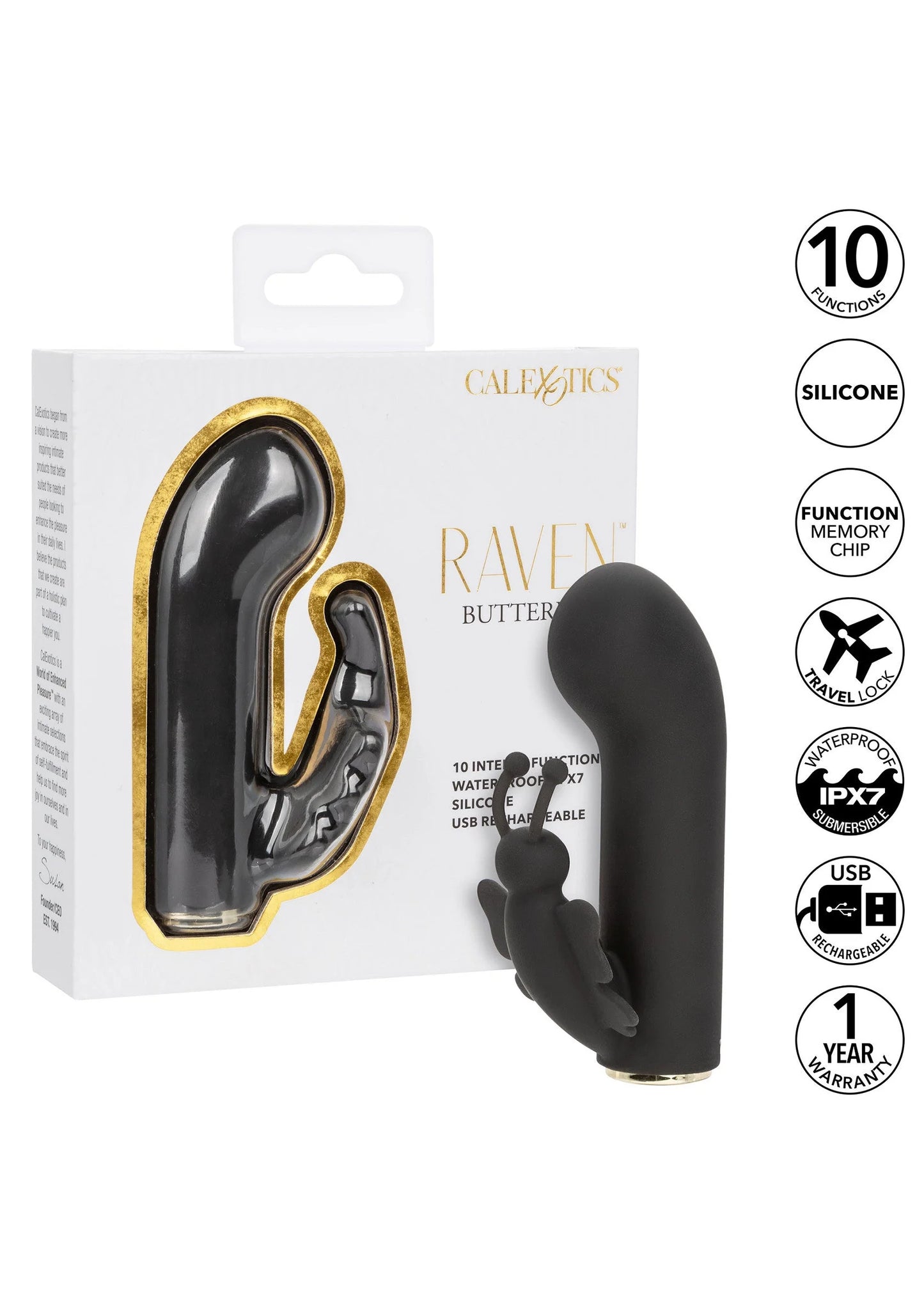 CalExotics Raven Butterfly vibratorkit in verpakking met 10 functies pictogram