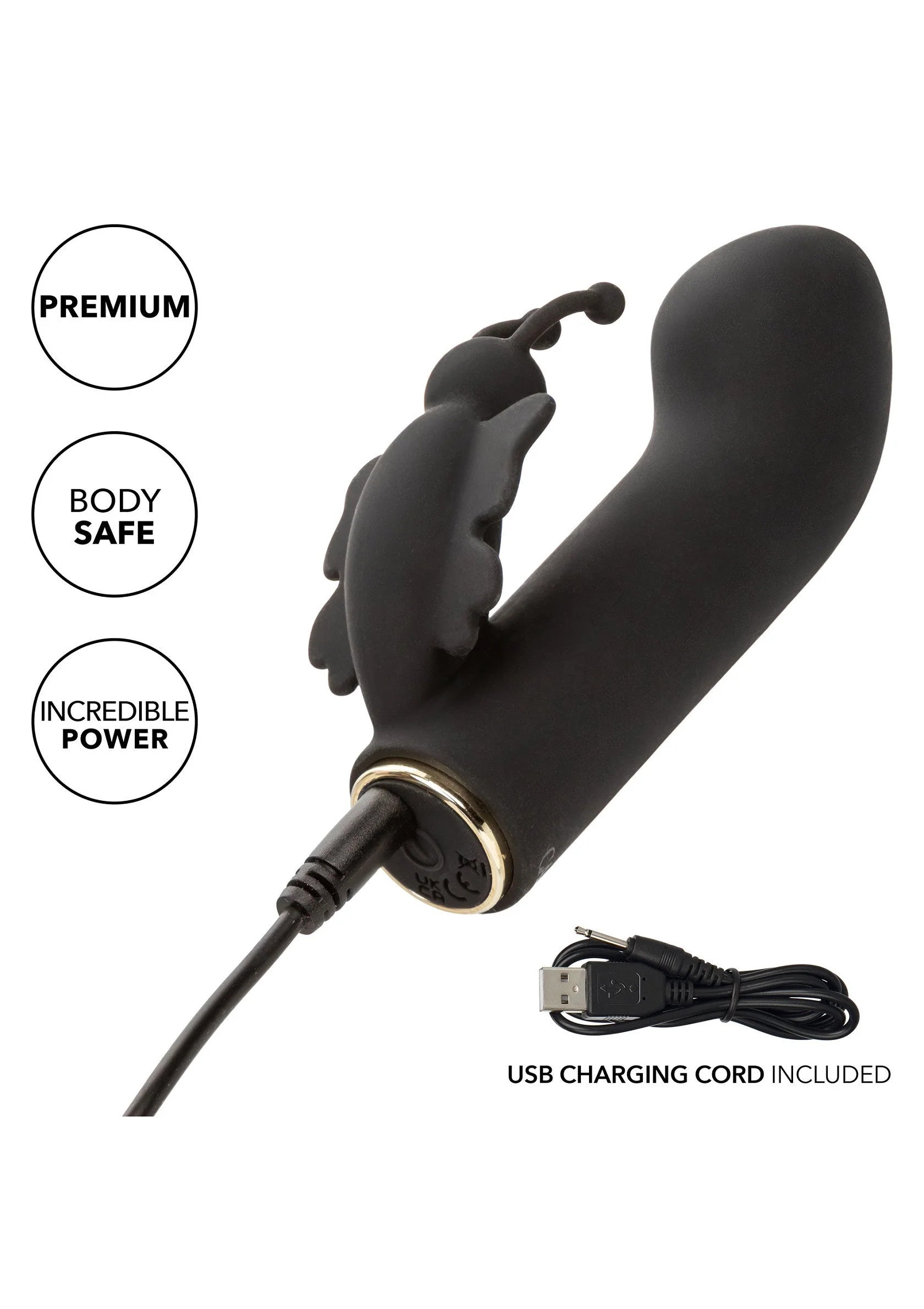 Zwarte vlinder-vibrator met USB-oplaadkabel en indicatie op behuizing