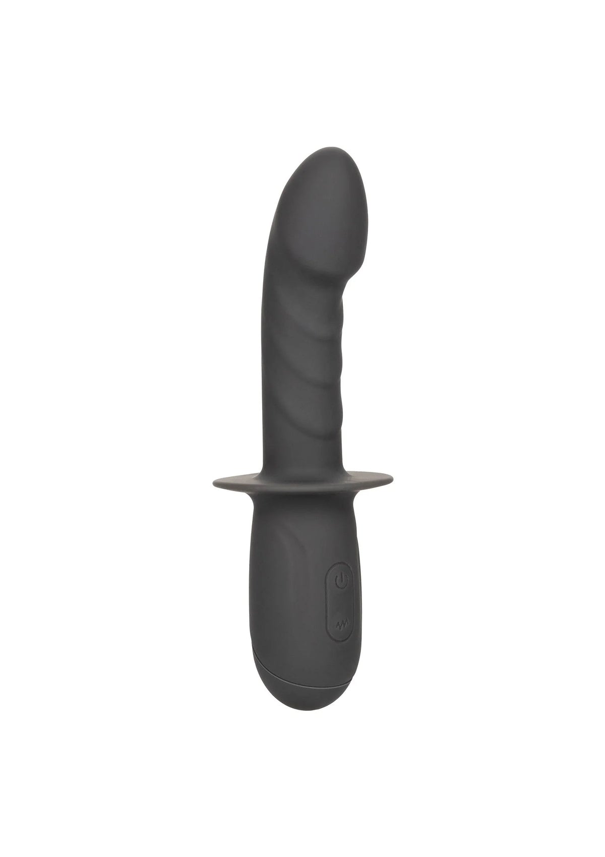 Zwarte siliconen vibrator met flens bij de basis, recht van voren.