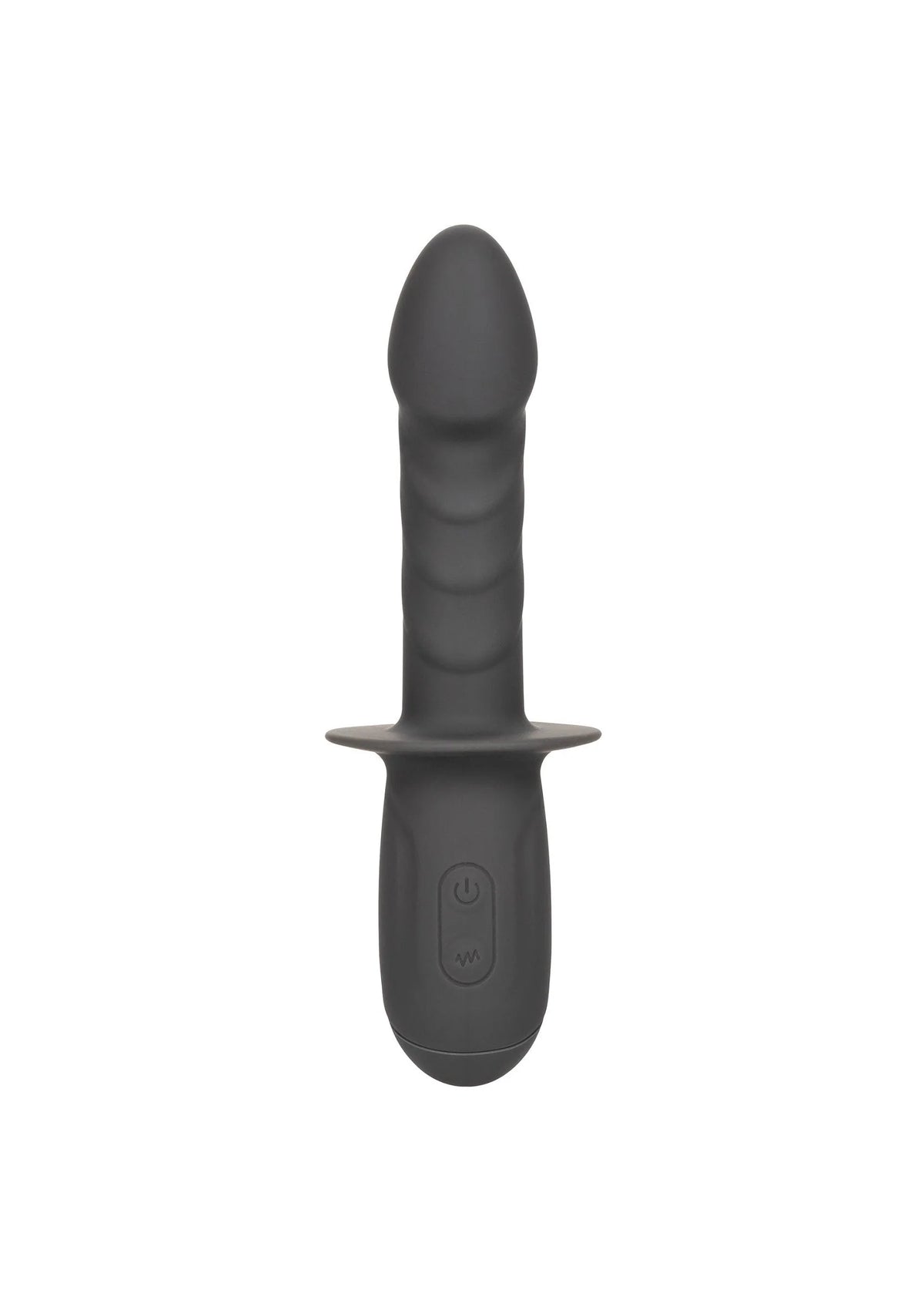 Zwarte siliconen vibrator met flens aan de basis en ronde top, recht van voren.