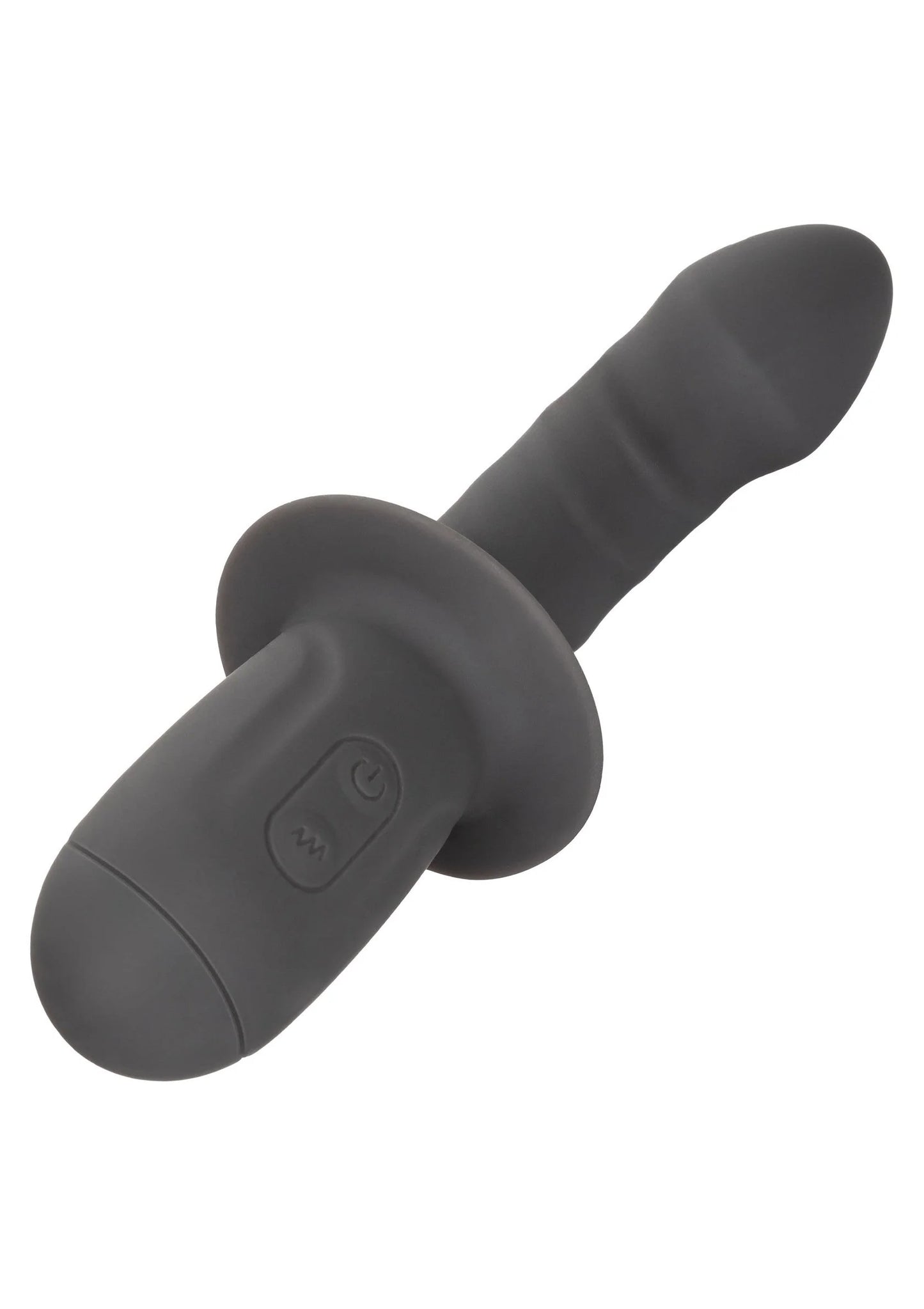 Zwarte siliconen vibrator met knoppen op de greep, close-up vanuit schuine hoek.