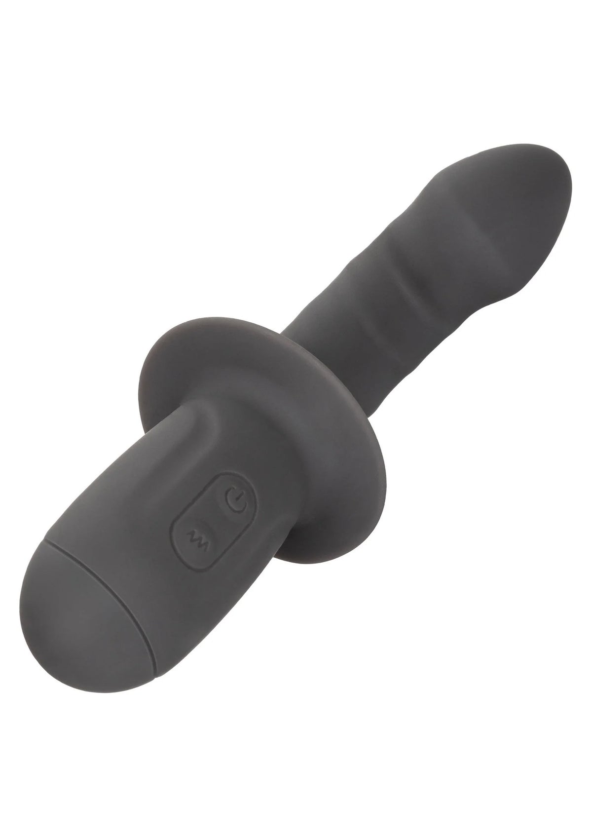 Zwarte siliconen vibrator met knoppen op de greep, close-up vanuit schuine hoek.
