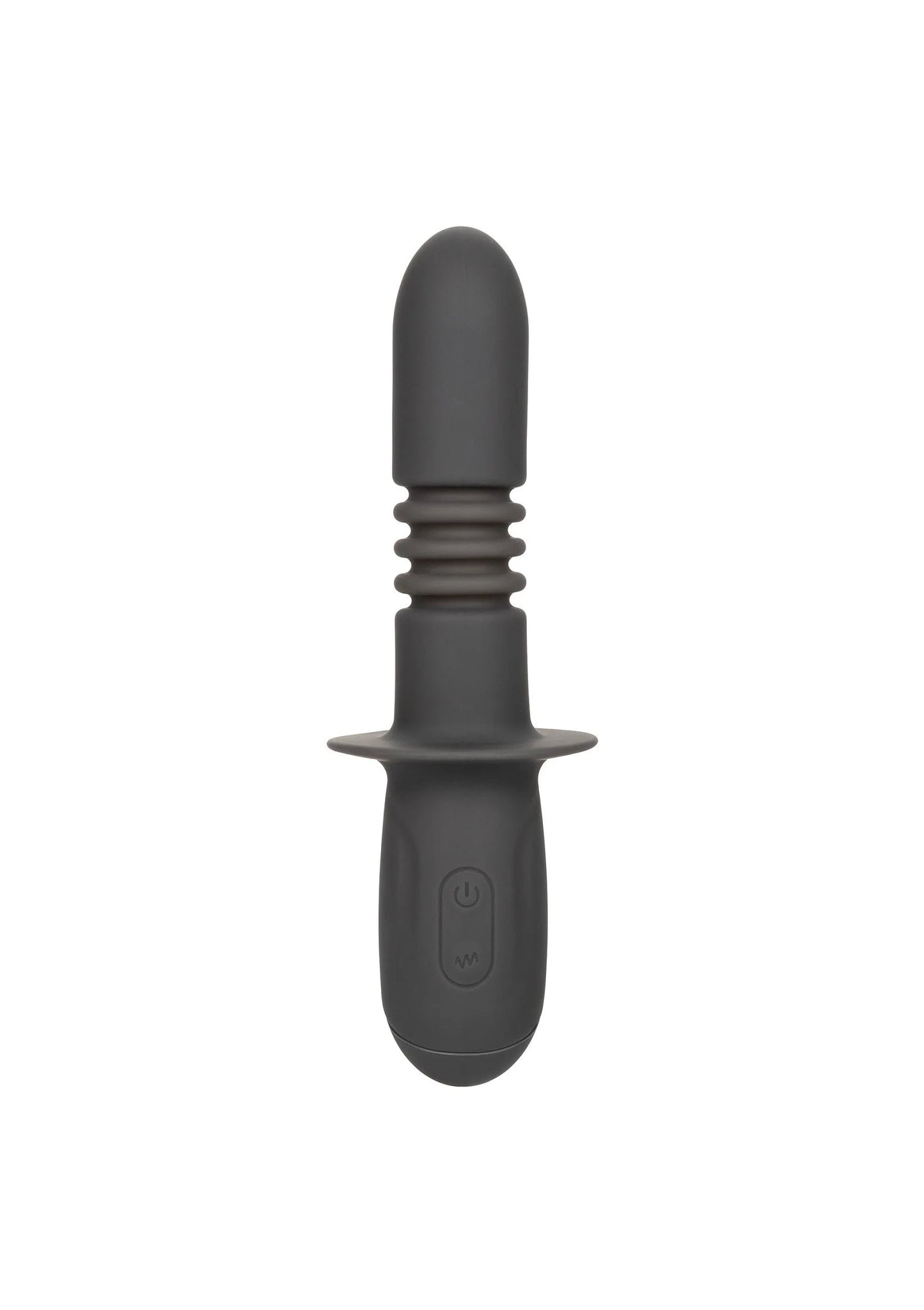 Zwarte vibrerende thrusting dildo van siliconen met ribbels en brede basis