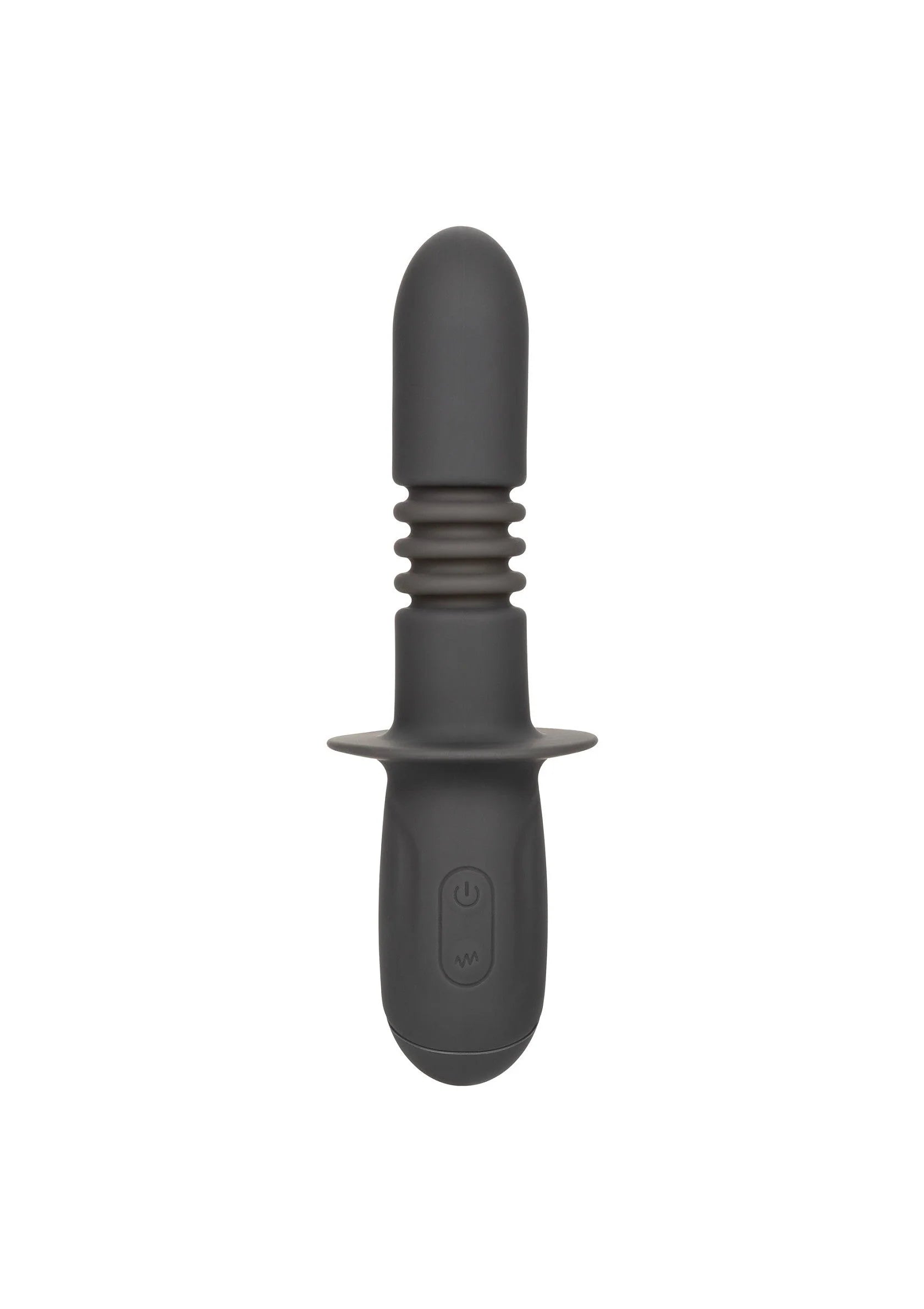 Zwarte vibrerende thrusting dildo van siliconen met ribbels en brede basis