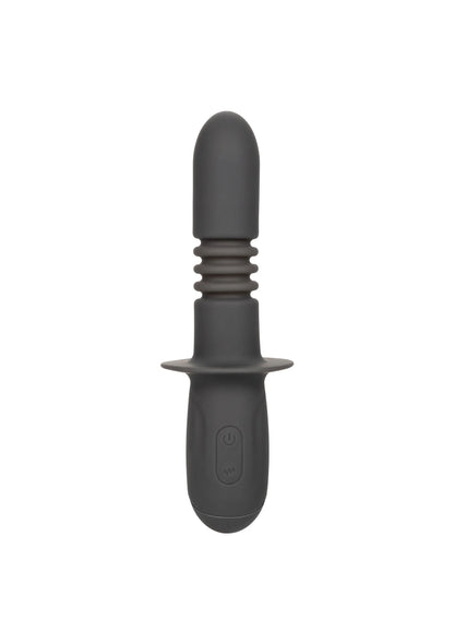 Zwarte vibrerende thrusting dildo van siliconen met ribbels en brede basis