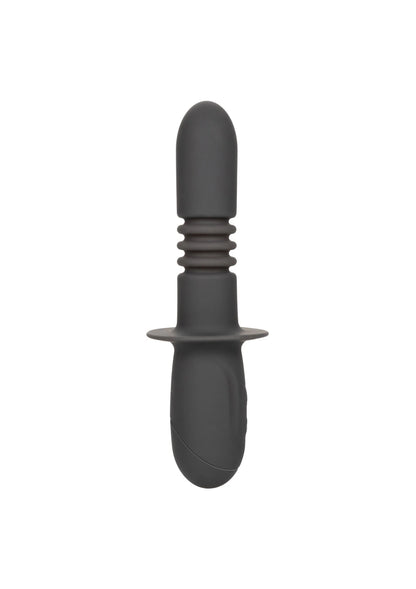 Zwarte vibrerende thrusting dildo van siliconen met brede basis en glad uiteinde
