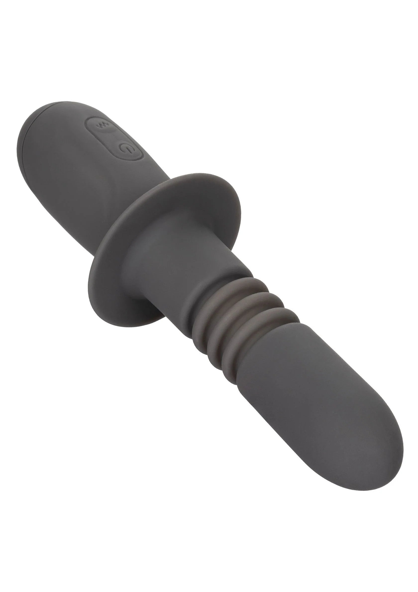Zwarte vibrerende dildo met brede schijfkop, geribbelde greep en afgeronde punt