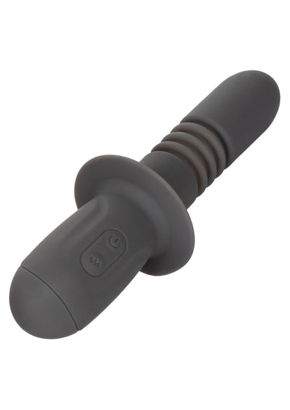 Zwarte vibrerende dildo met brede kop en ribbelige middenstuk