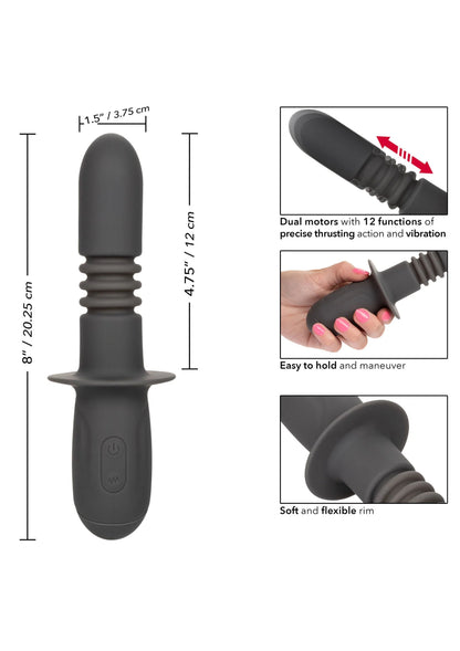 Zwarte siliconen thrusting dildo met ringvormige greep en geribbelde schacht