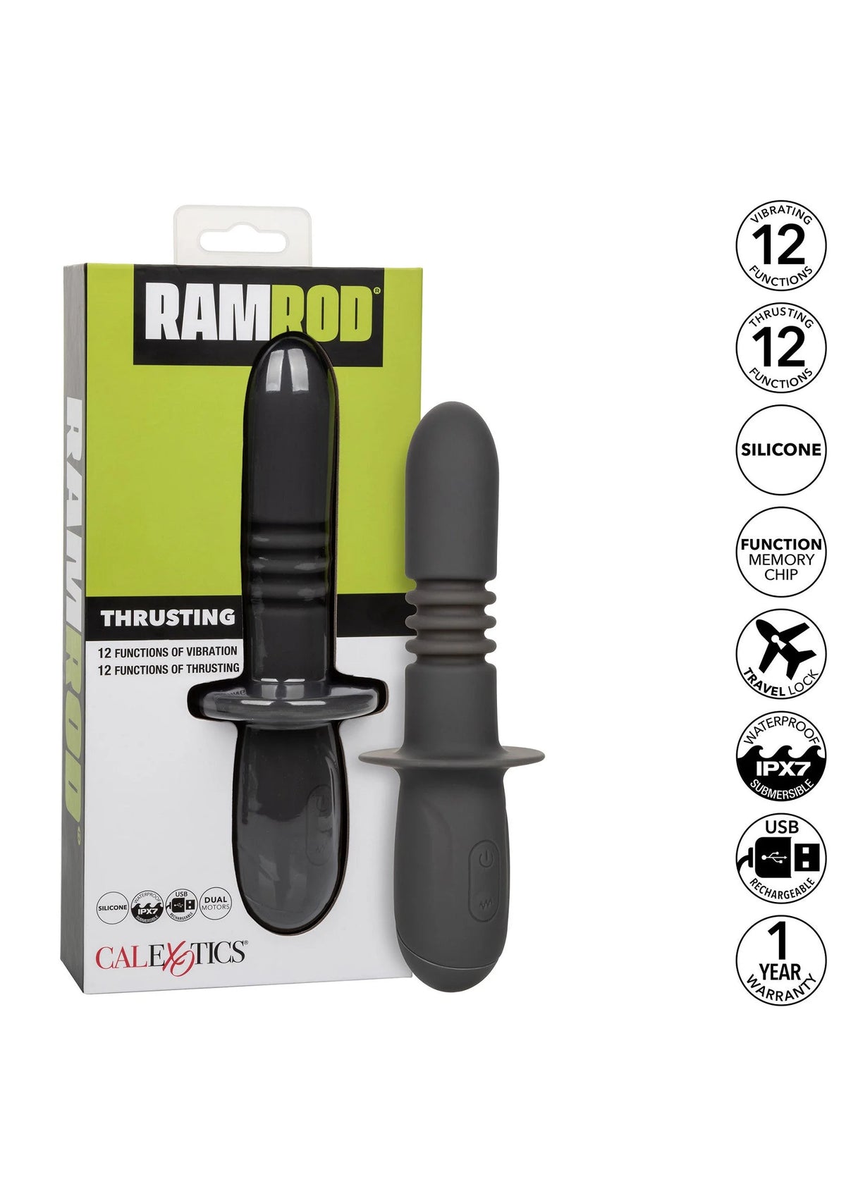 Verpakking met zwarte thrusting dildo en siliconen staaf