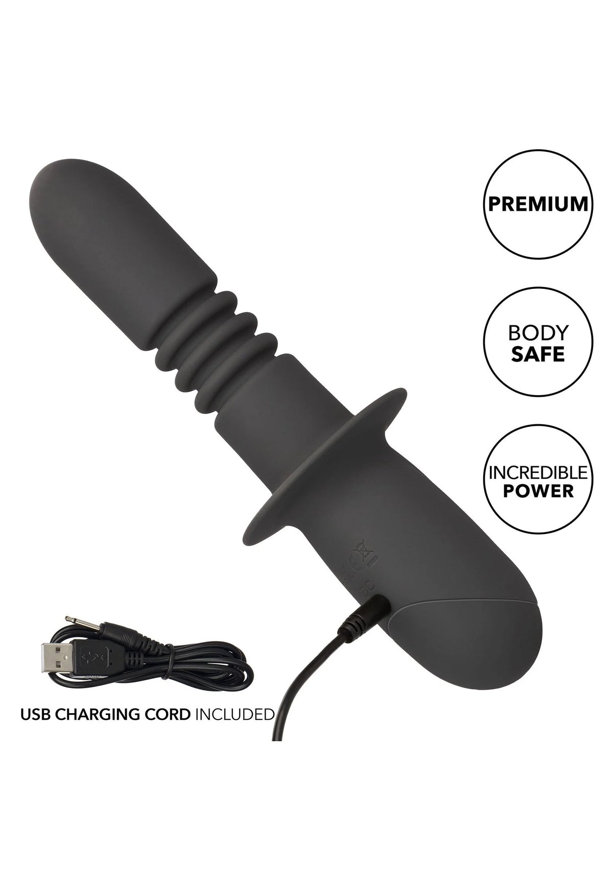Zwarte USB-oplaadbare thrusting dildo met geribbelde schacht en afgeronde kop