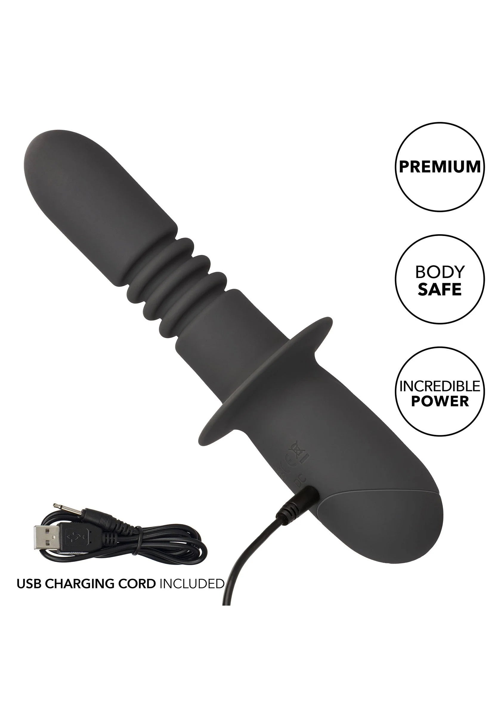 Zwarte USB-oplaadbare thrusting dildo met geribbelde schacht en afgeronde kop