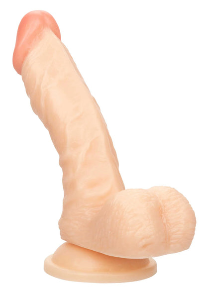 Huidskleurige dildo in zijaanzicht met ronde basis