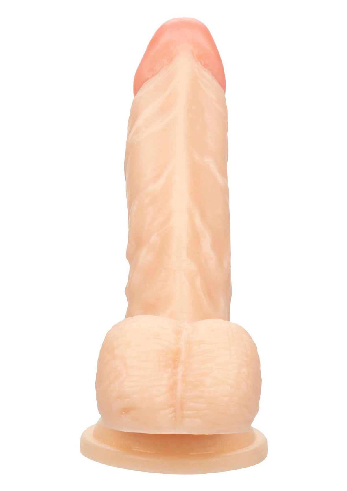 Realistisch penisvormig seksspeeltje met zuignapvoet, lichtroze/beige, getextureerd oppervlak