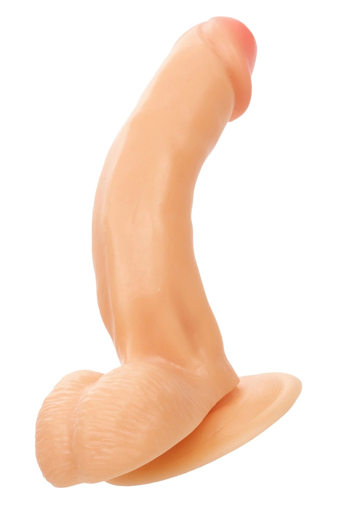 lichtbeige gebogen dildo met brede voet en afgeronde nerf