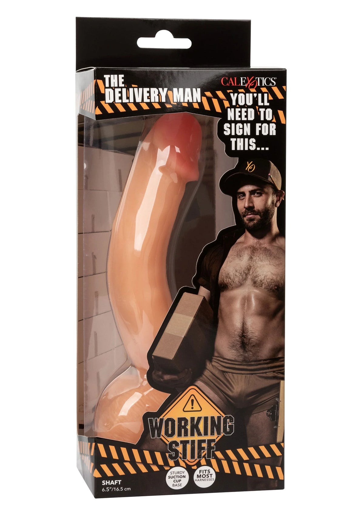 Vibrator-dildo in verpakking, perzikbeige glanzende schacht met roze kop