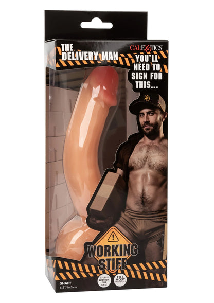 Vibrator-dildo in verpakking, perzikbeige glanzende schacht met roze kop