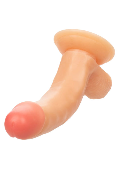 Vibrerende dildo met roze kop en perzikbeige schacht, afgeronde uiteinden